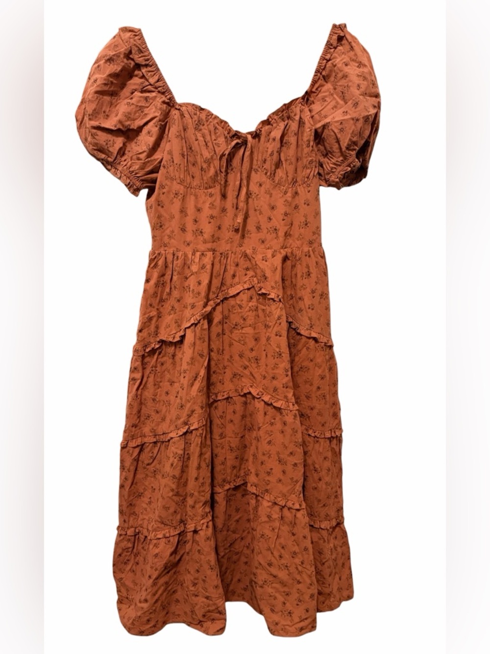 NEW STORIA Rusty Pink Color Floral Puff-Sleeve Midi Dress Sz MEDIUM - Picture 2 of 10